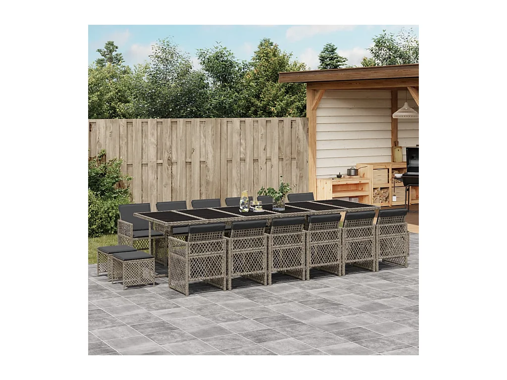 Lubbeek  Set comedor de jardín 17 pzas y cojines ratán sintético gris