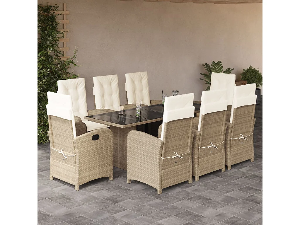 Almkerk  Set comedor de jardín 9 pzas con cojines ratán sintético beige