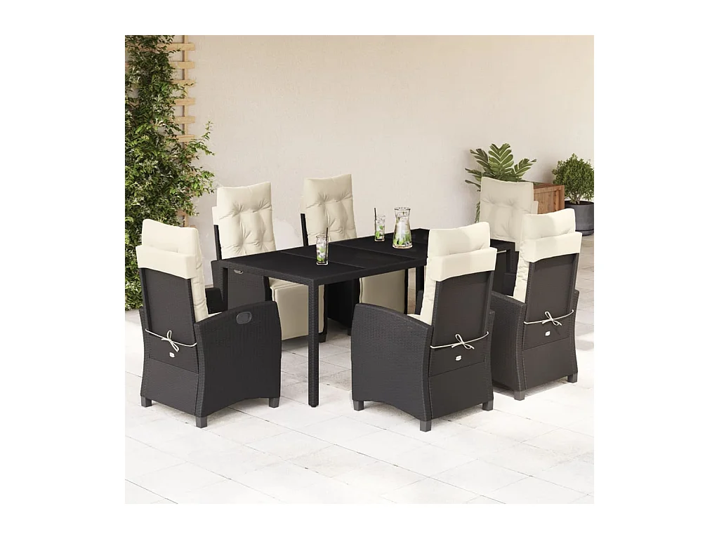 Vrikja  Ensemble à manger de jardin coussins 7pcs Noir Résine tressée