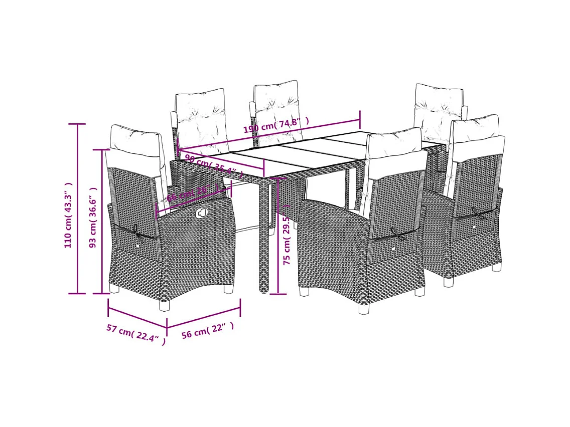 Vrikja  Ensemble à manger de jardin coussins 7pcs Noir Résine tressée