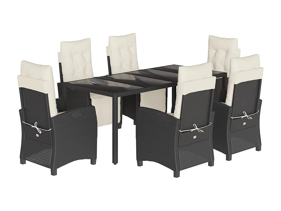 Vrikja  Ensemble à manger de jardin coussins 7pcs Noir Résine tressée