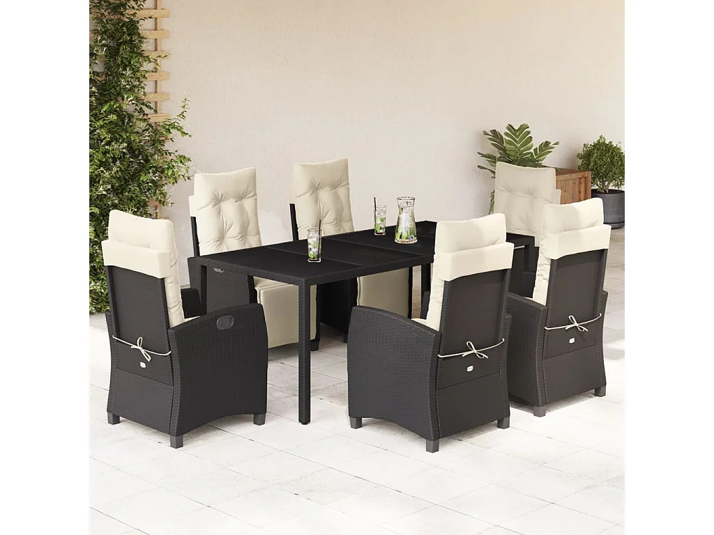 Vrikja  Ensemble à manger de jardin coussins 7pcs Noir Résine tressée