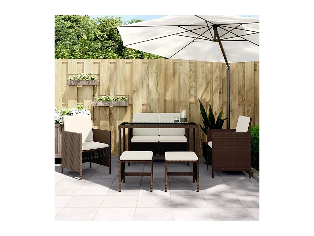 Kaleva  Ensemble à manger de jardin et coussins 6 pcs marron rotin