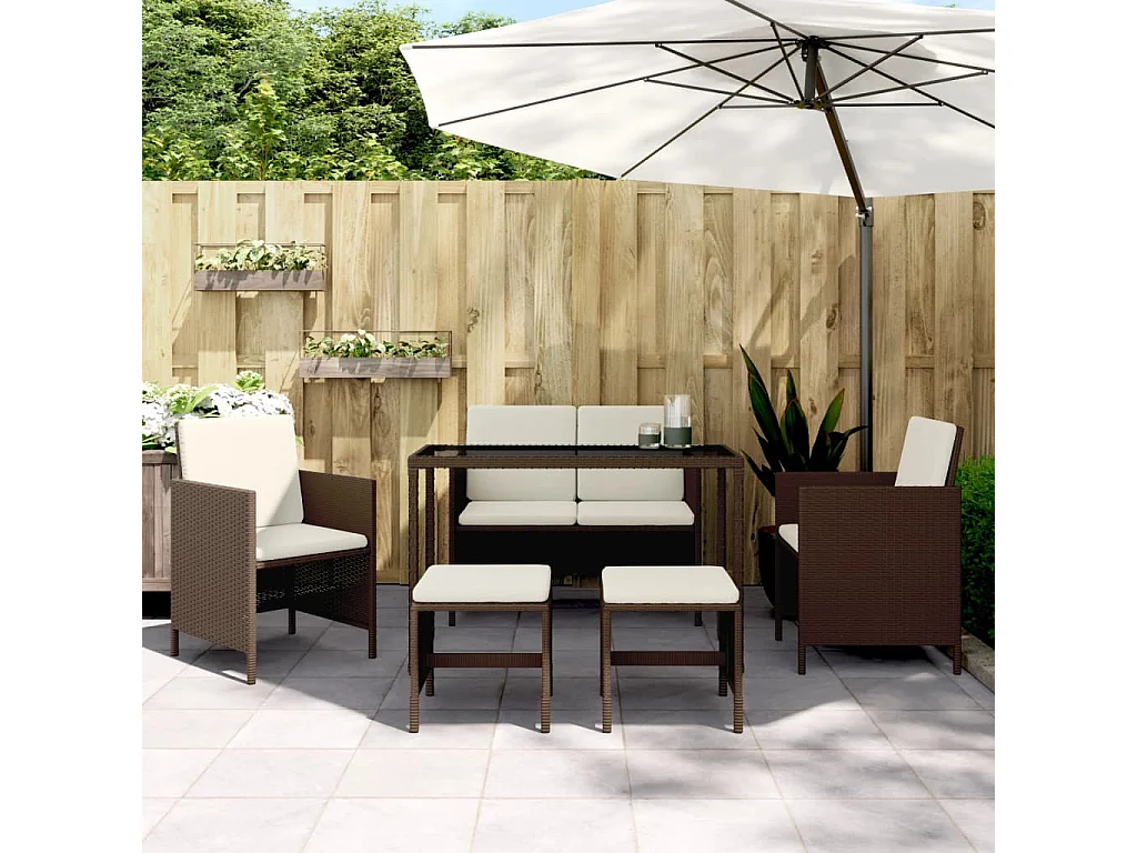 Kaleva  Ensemble à manger de jardin et coussins 6 pcs marron rotin