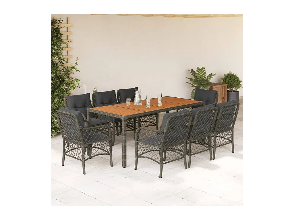 Tore  Set comedor jardín 9 pzas y cojines ratán sintético gris