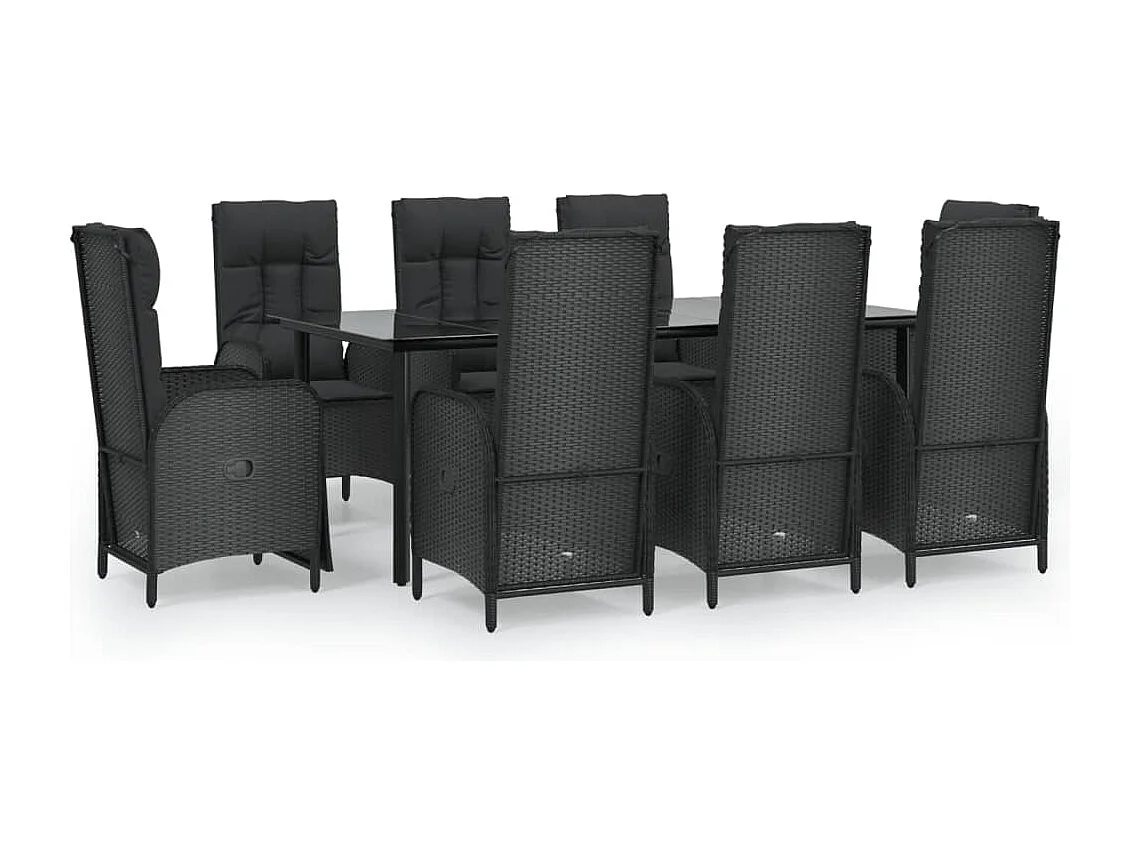 De Haan  Ensemble à manger jardin 9pcs et coussins noir résine tressée