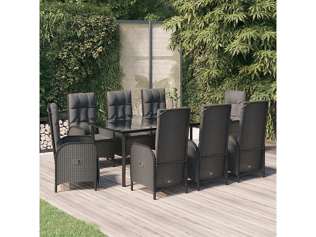 De Haan  Ensemble à manger jardin 9pcs et coussins noir résine tressée