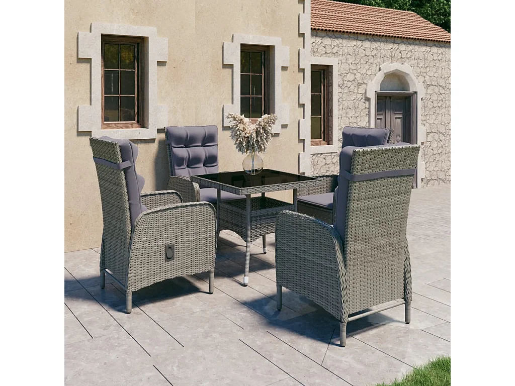 Tatum  Ensemble à manger de jardin 5 pcs Résine tressée et verre Gris