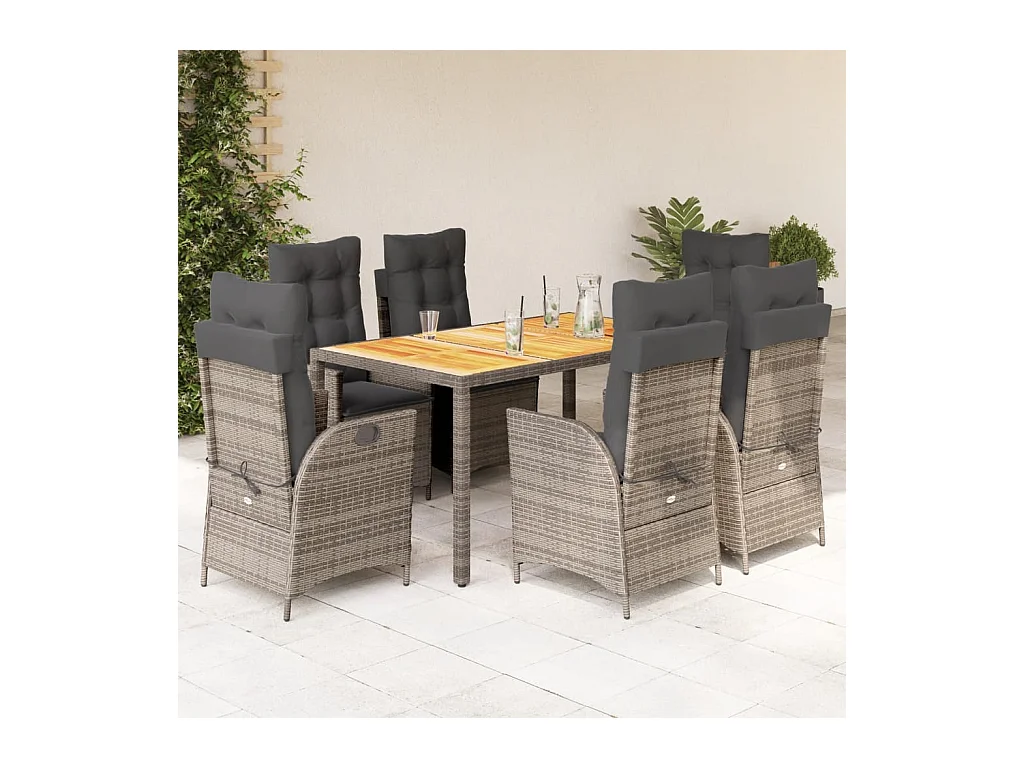 Wanda  Ensemble à manger de jardin et coussins 7 pcs gris rotin