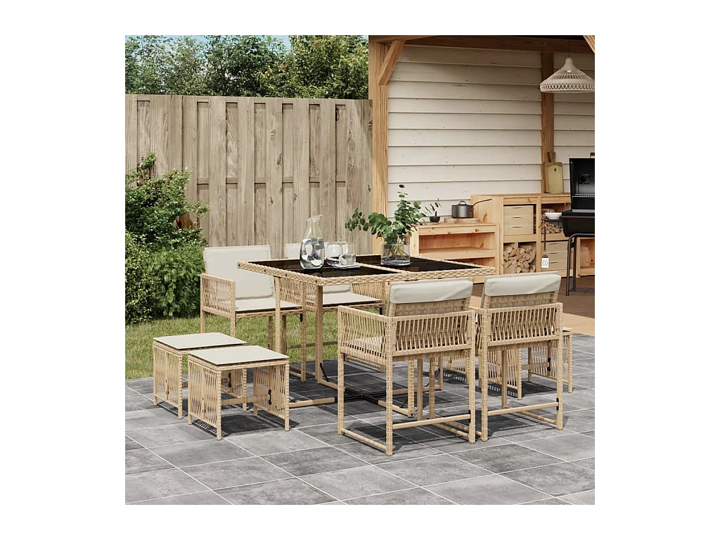 Xeli  9-delige Tuinset met kussens poly rattan beige