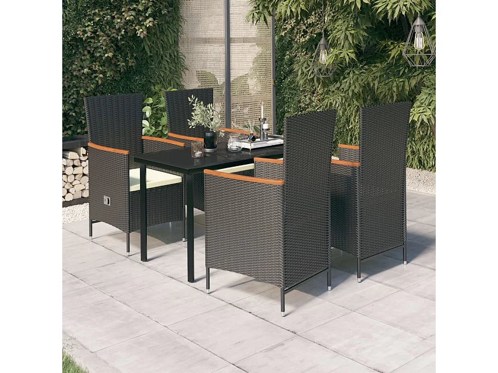 Serafino  Juego de comedor de jardín 5 piezas con cojines negro