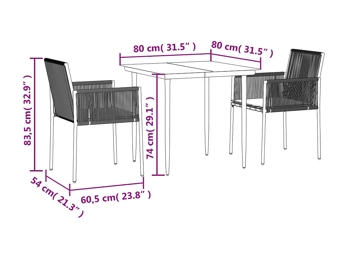 Giovanni Carlo  Set comedor jardín 3 pzas y cojines acero ratán sintético negro