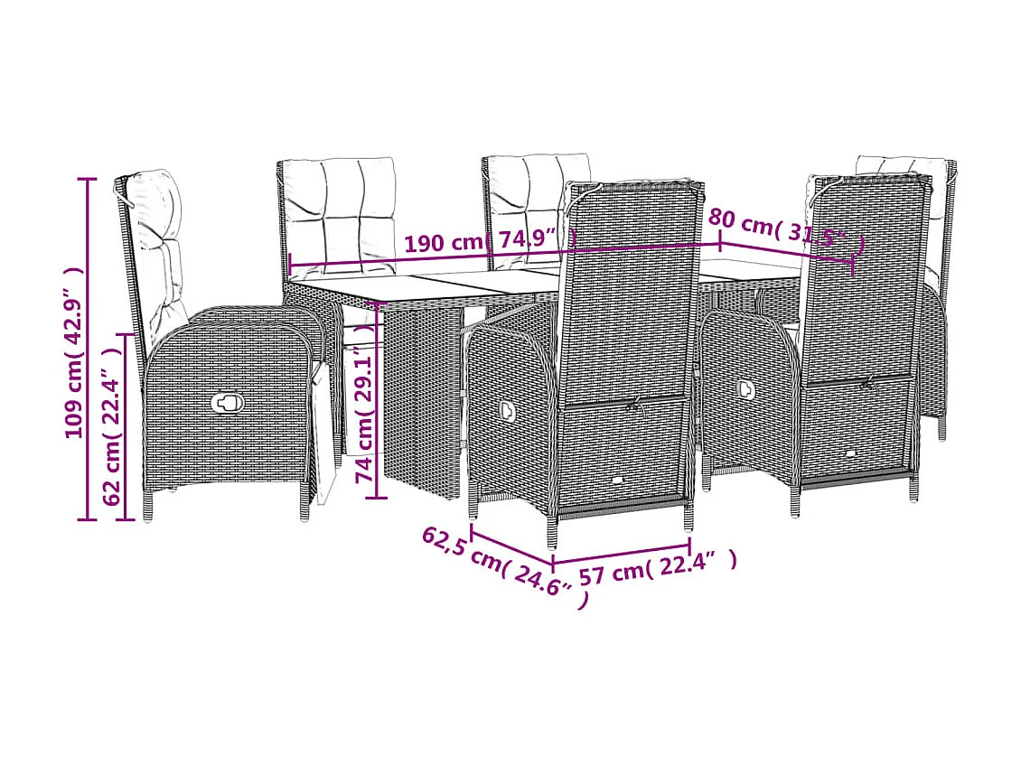 Gylfre  Ensemble à manger de jardin coussins 7pcs Noir Résine tressée