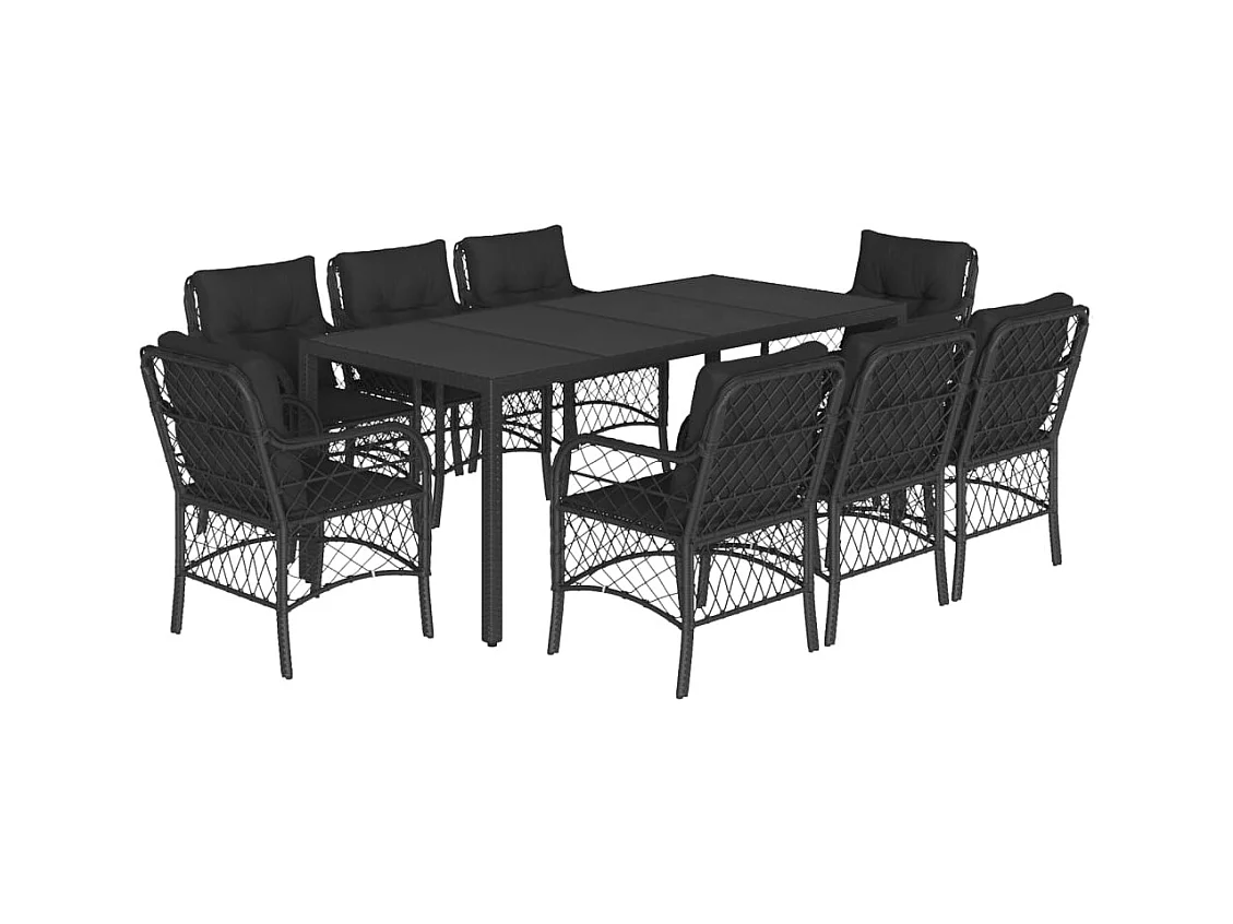 Harmelen  Set de comedor de jardín 9 pzas y cojines ratán sintético negro
