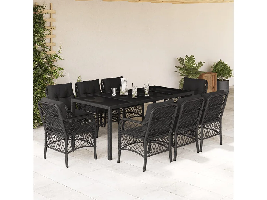 Harmelen  Ensemble à manger de jardin 9pcs coussins noir résine tressée