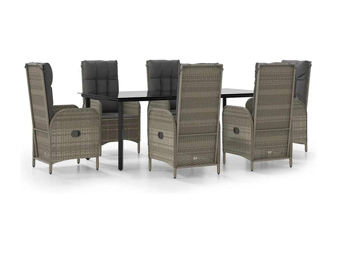 De Haan  Ensemble à manger jardin et coussins 7 pcs Noir et gris Rotin