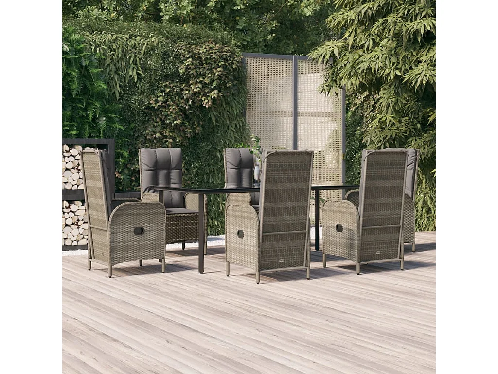 De Haan  Ensemble à manger jardin et coussins 7 pcs Noir et gris Rotin