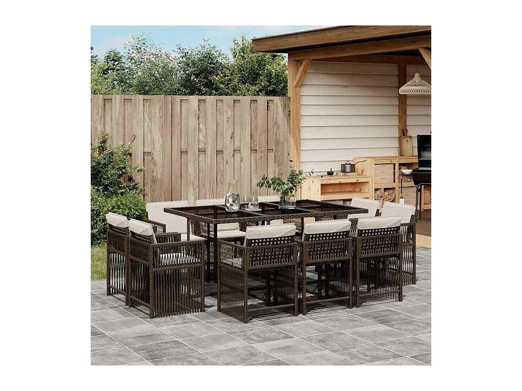 Maart  Ensemble à manger de jardin et coussins 11 pcs marron rotin