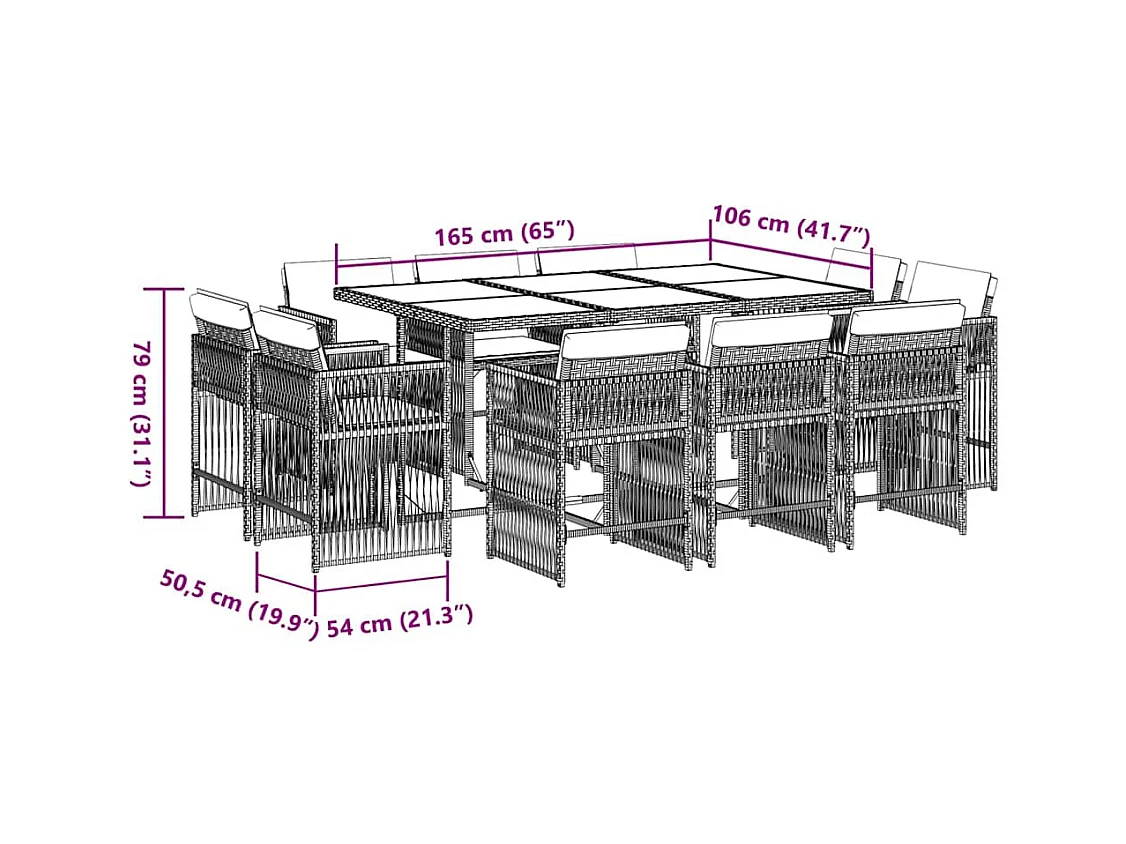 Maart  Ensemble à manger de jardin et coussins 11 pcs marron rotin