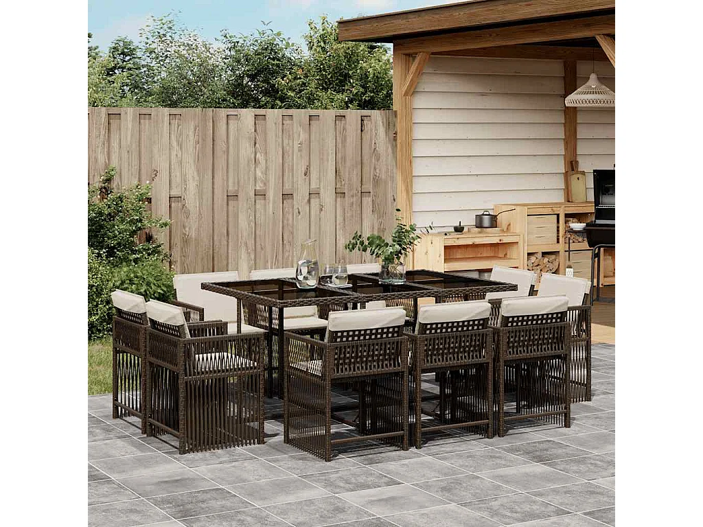 Maart  Ensemble à manger de jardin et coussins 11 pcs marron rotin