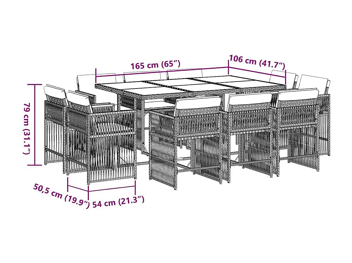 Maart  Ensemble à manger de jardin et coussins 11 pcs marron rotin