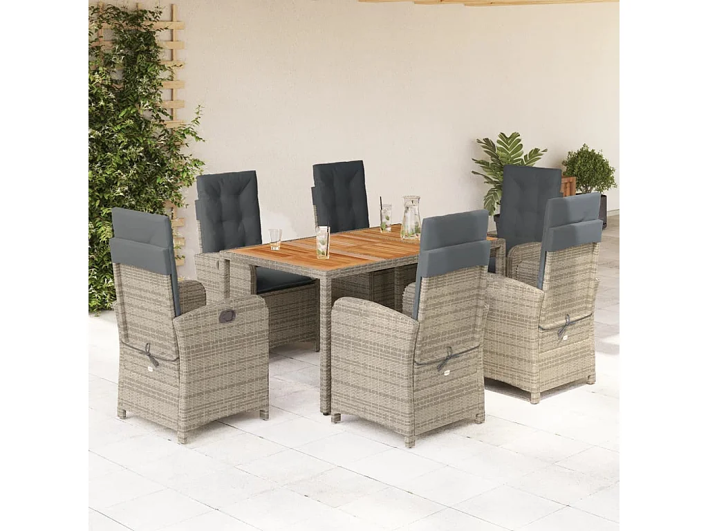 Adrien-Paul  Ensemble à manger de jardin et coussins 7 pcs gris rotin