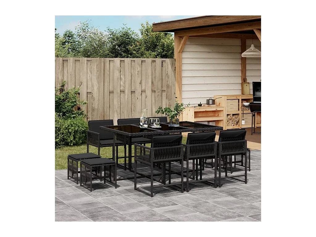 Xeli  Ensemble à manger de jardin 11 pcs coussins noir résine tressée
