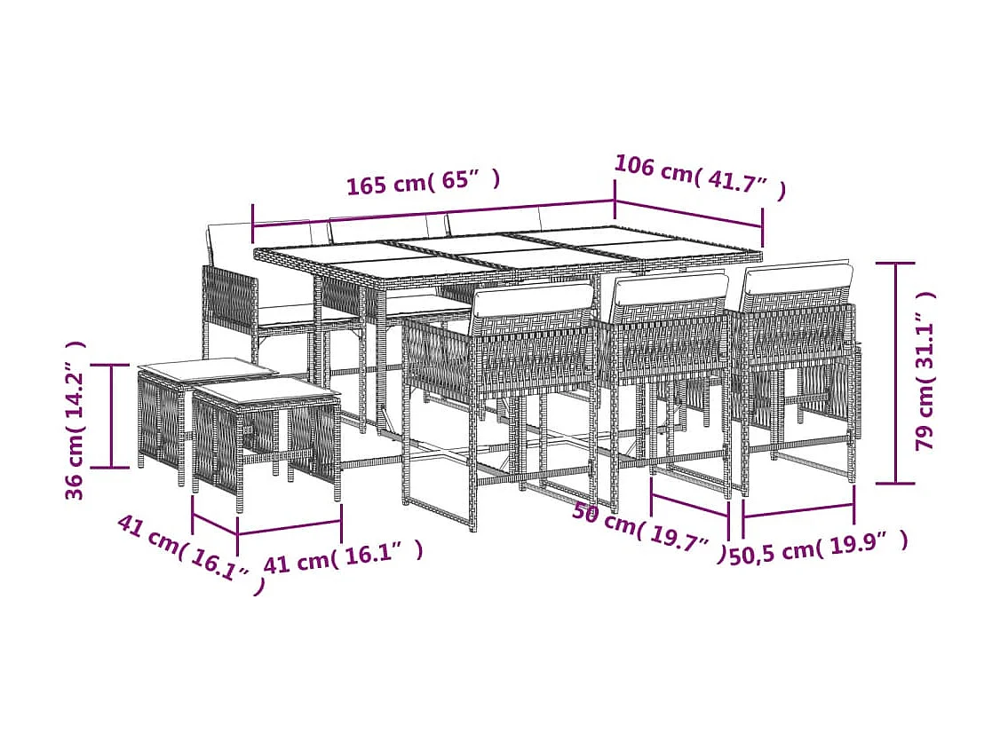 Xeli  11-delige Tuinset met kussens poly rattan zwart