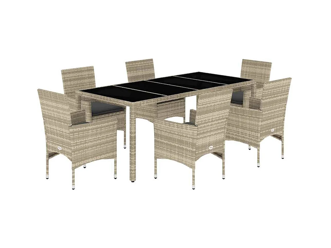 Stafford Springs  Ensemble à manger de jardin avec coussins 7 pcs rotin et verre