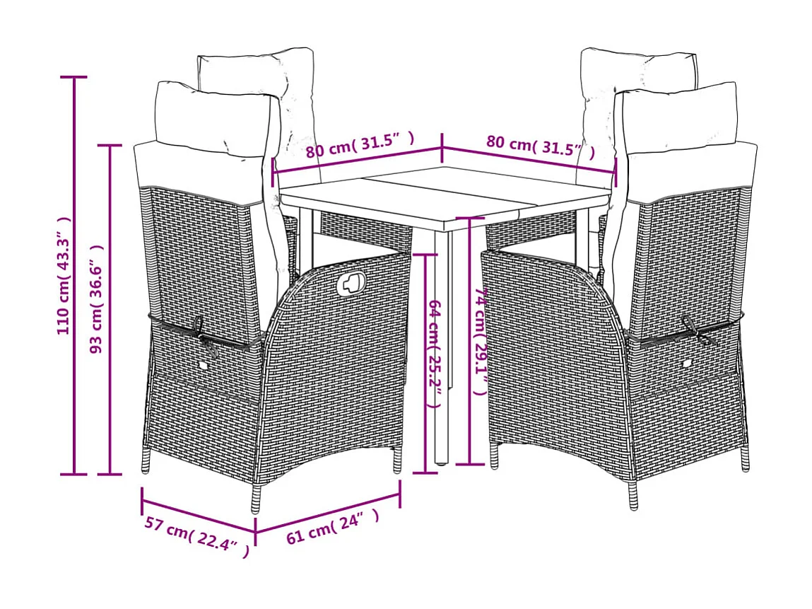 Eugenie  5-delige Tuinset met kussens poly rattan grijs