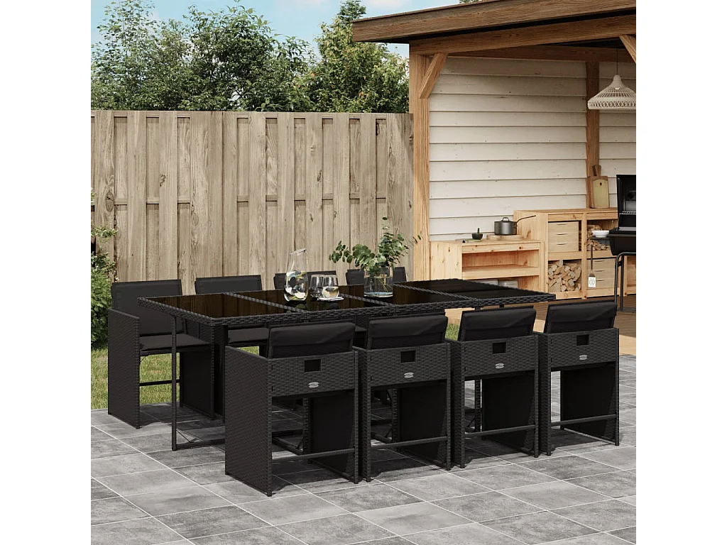 Zele  Set de comedor de jardín 9 pzas y cojines ratán sintético negro
