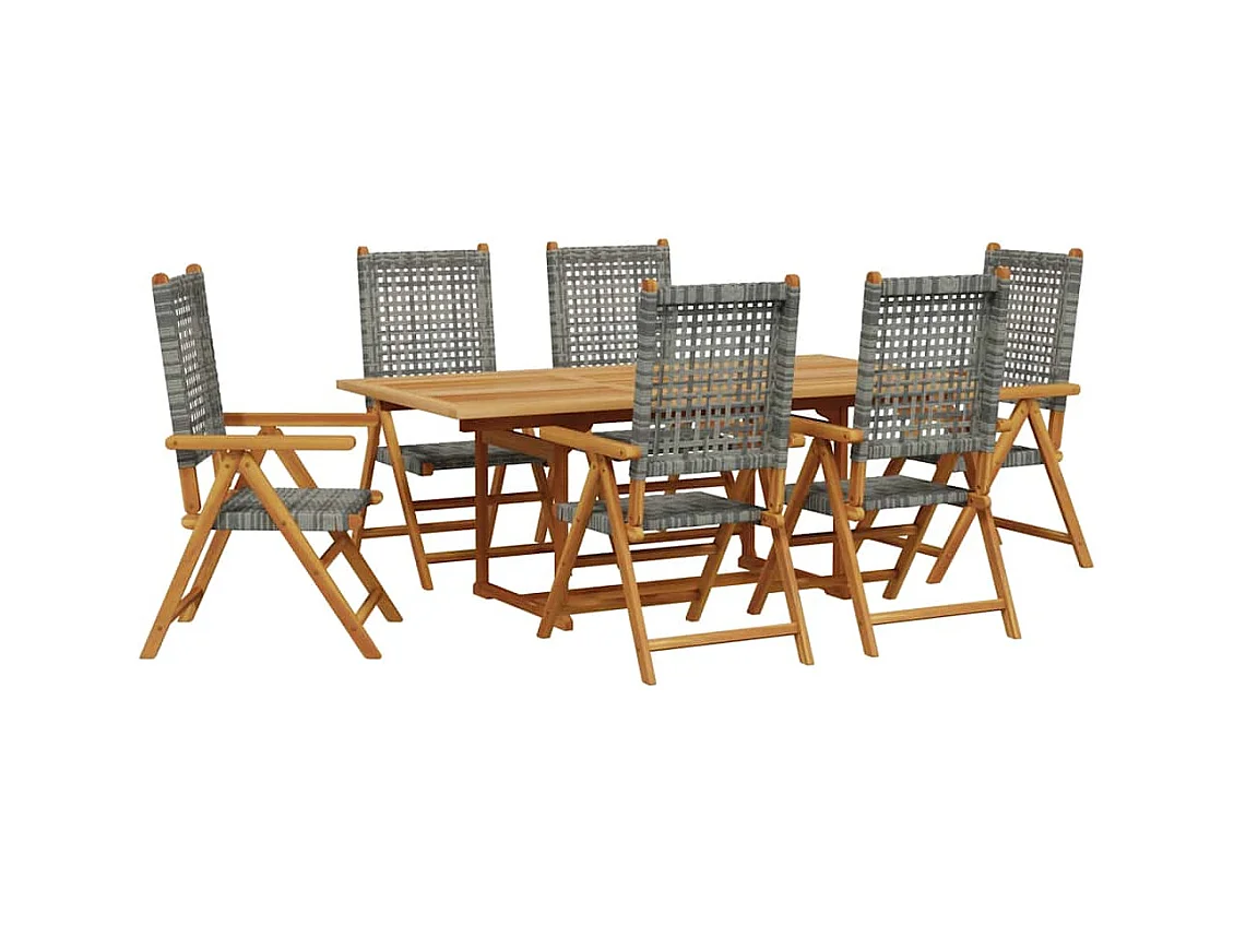 Grilda  Ensemble à manger de jardin 7 pcs gris rotin et bois massif