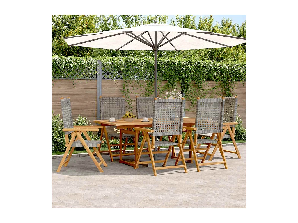 Grilda  Ensemble à manger de jardin 7 pcs gris rotin et bois massif