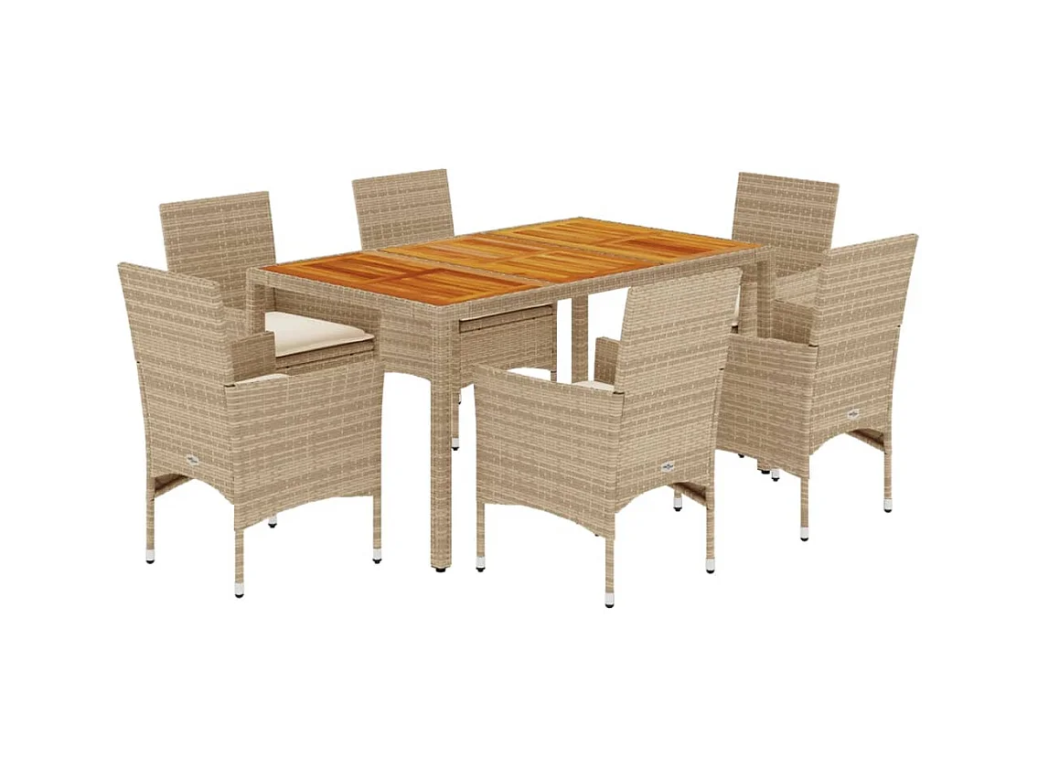 Les Mureaux  Ensemble à manger de jardin et coussins 7pcs beige rotin acacia