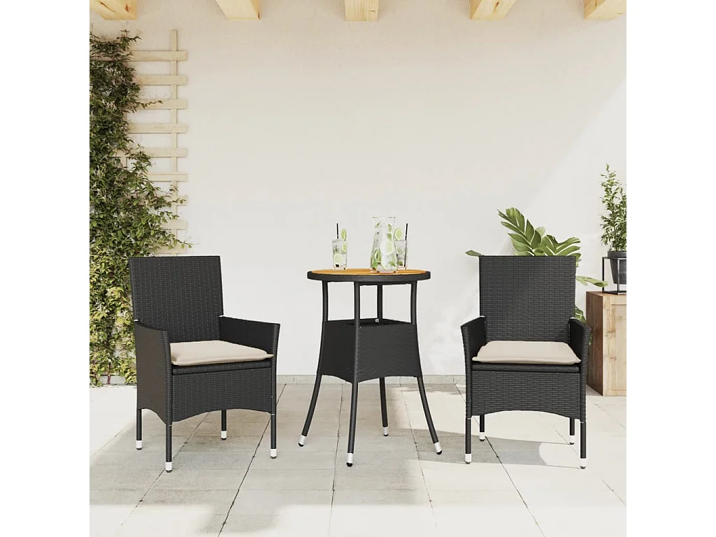 Grimkell  Ensemble à manger de jardin et coussins 3 pcs noir rotin acacia
