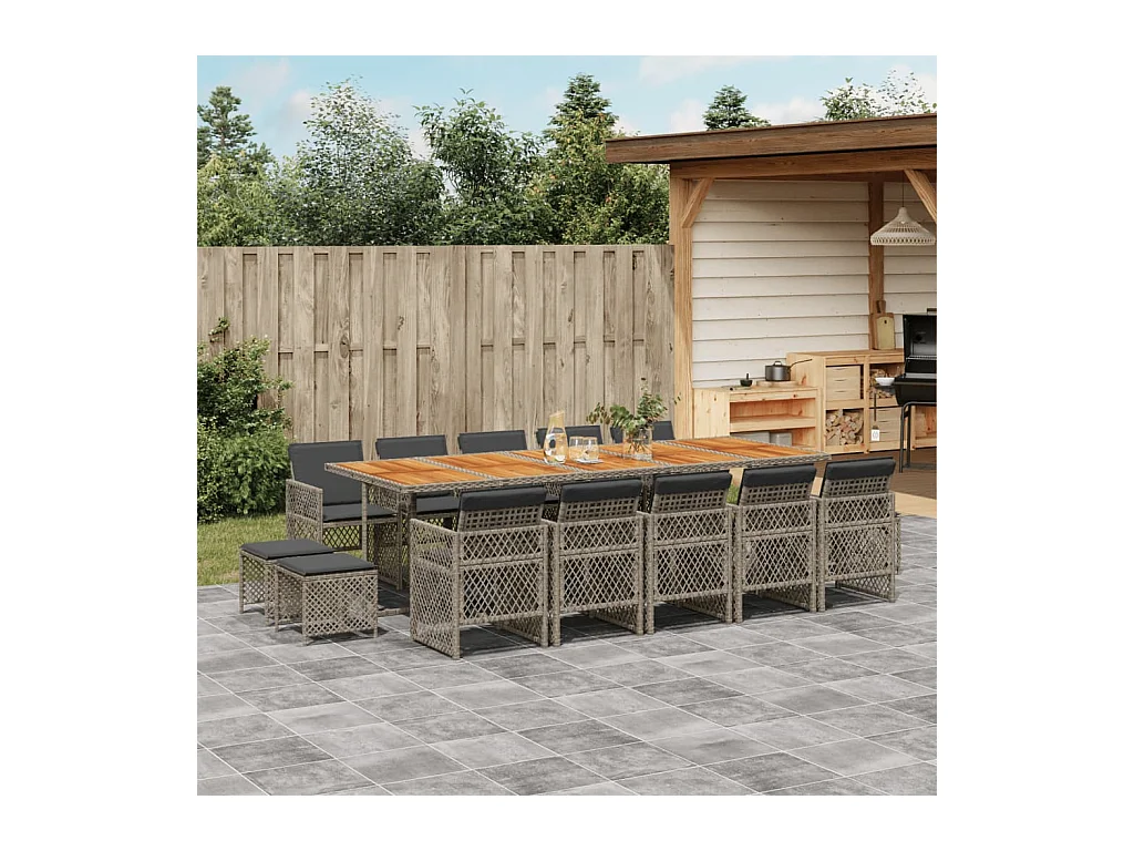 Lubbeek  Set comedor de jardín con cojines 15 pzas ratán sintético gris