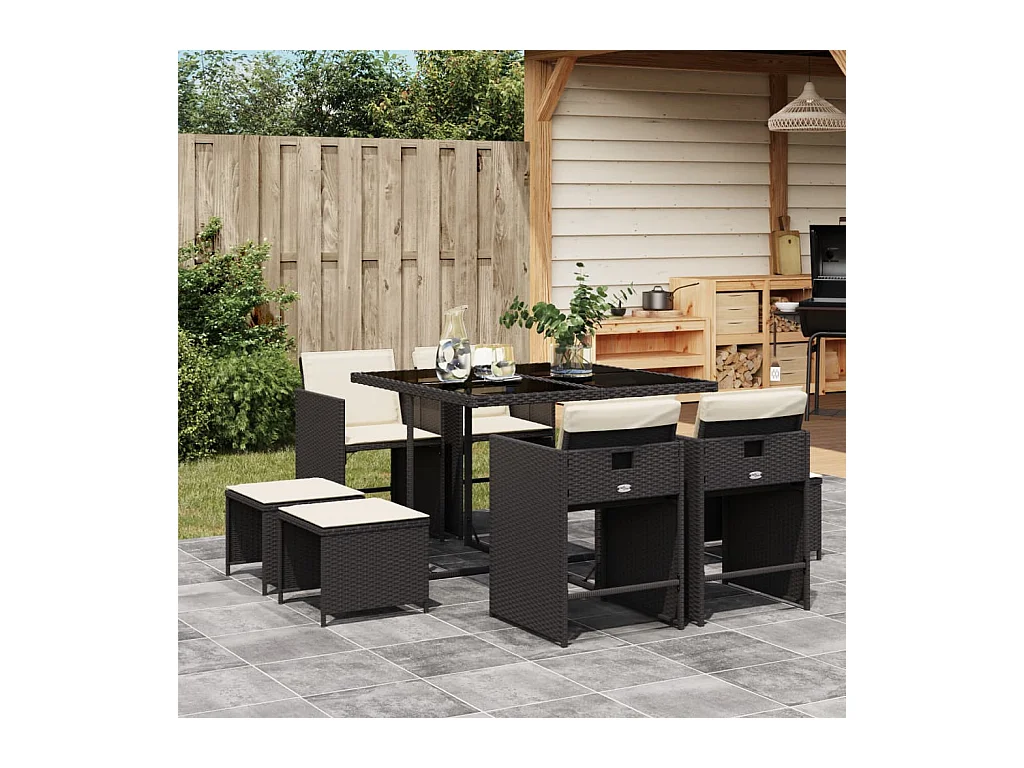 Enfield  Set de comedor de jardín 9 pzas y cojines ratán sintético negro