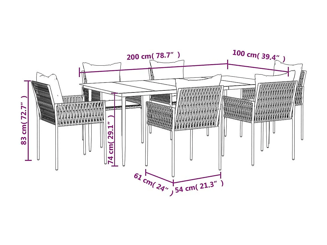 Mørkøv  7-delige Tuinset met kussens poly rattan en staal