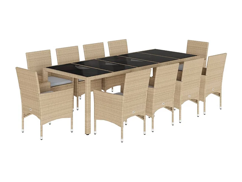 Ulric  11-delige Tuinset met kussens poly rattan en glas beige