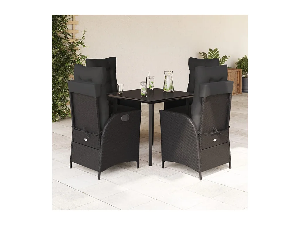 Waupun  Ensemble à manger de jardin coussins 5pcs Noir Résine tressée