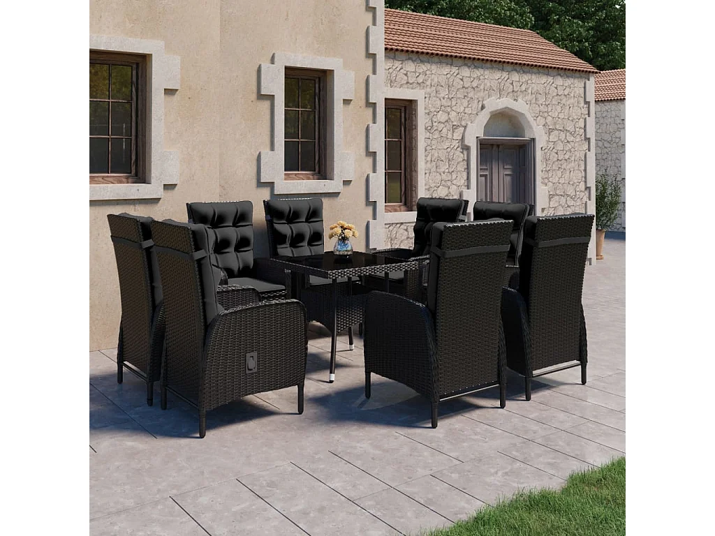Tatum  Set de comedor de jardín 9 piezas ratán PE y vidrio negro