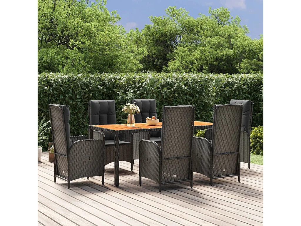 Afragola  Set de comedor de jardín 7 pzas y cojines ratán sintético negro