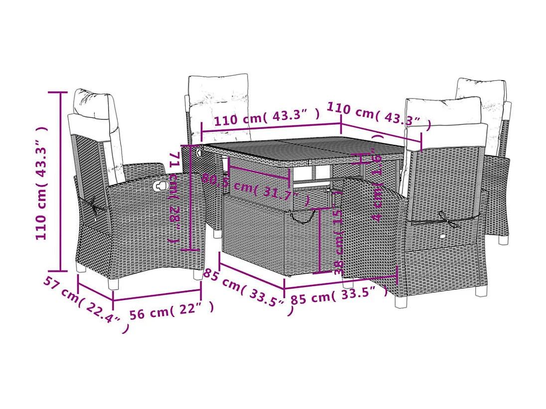 Toby Dean  Ensemble à manger de jardin coussins 5pcs Noir Résine tressée