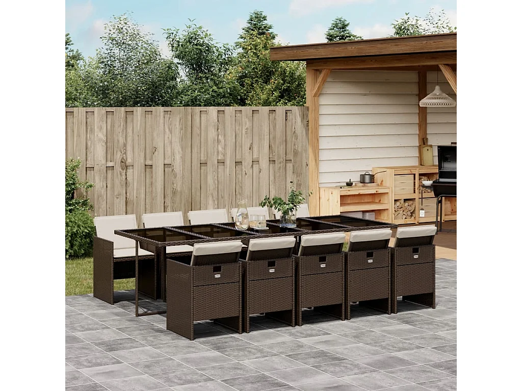 Ljungby  Ensemble à manger de jardin et coussins 11 pcs marron rotin