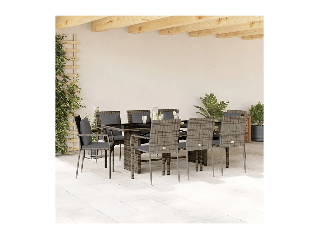 Tijn  Ensemble à manger de jardin 9 pcs coussins gris résine tressée