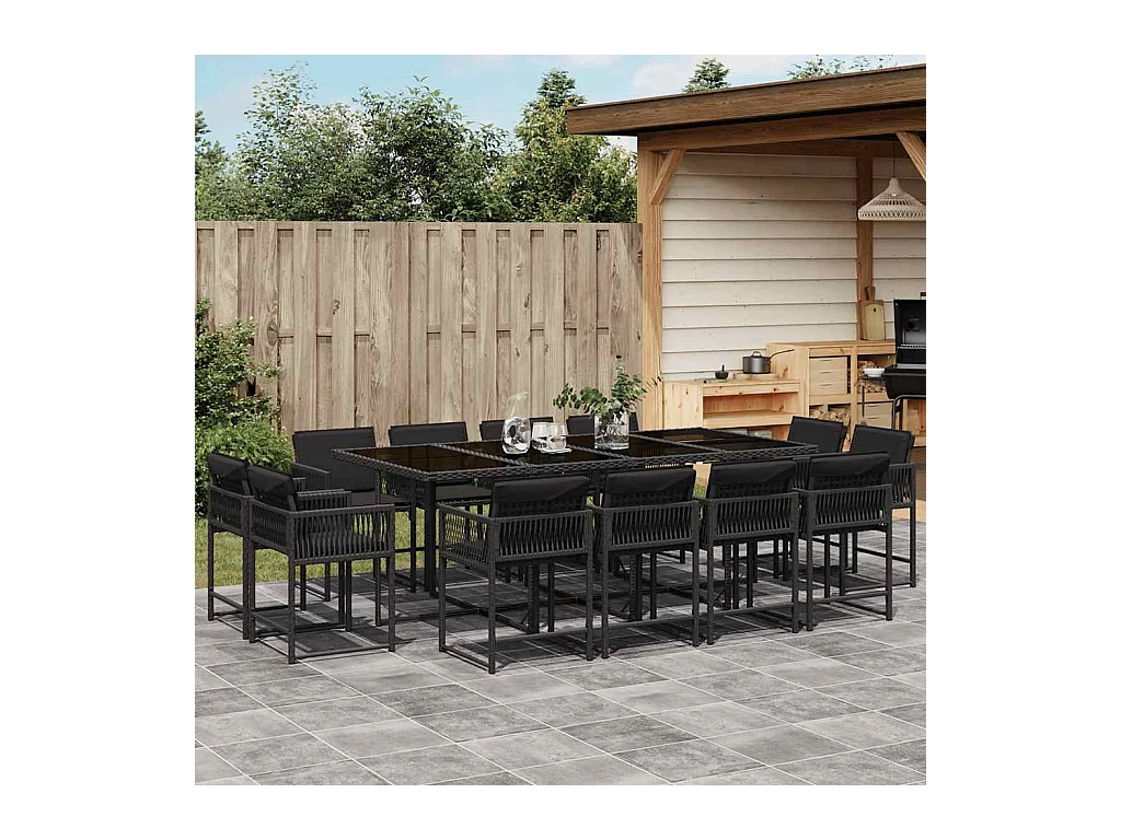 Emilia  Set comedor de jardín con cojines 13 pzas ratán sintético negro
