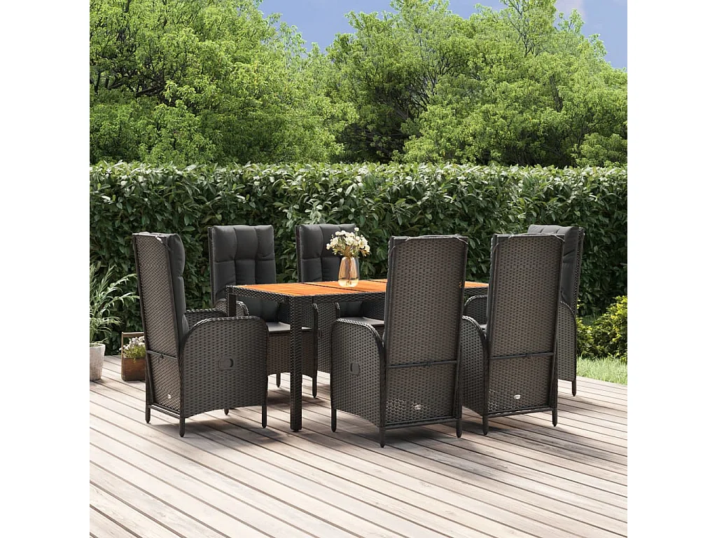 Afragola  Set de comedor de jardín 7 pzas y cojines ratán sintético negro