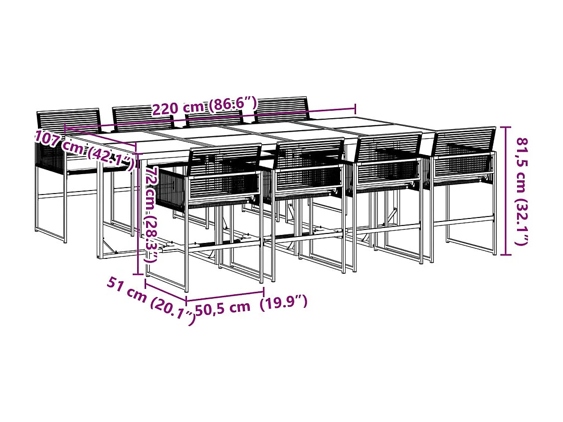 Vynne  Ensemble à manger de jardin 9pcs coussins noir résine tressée