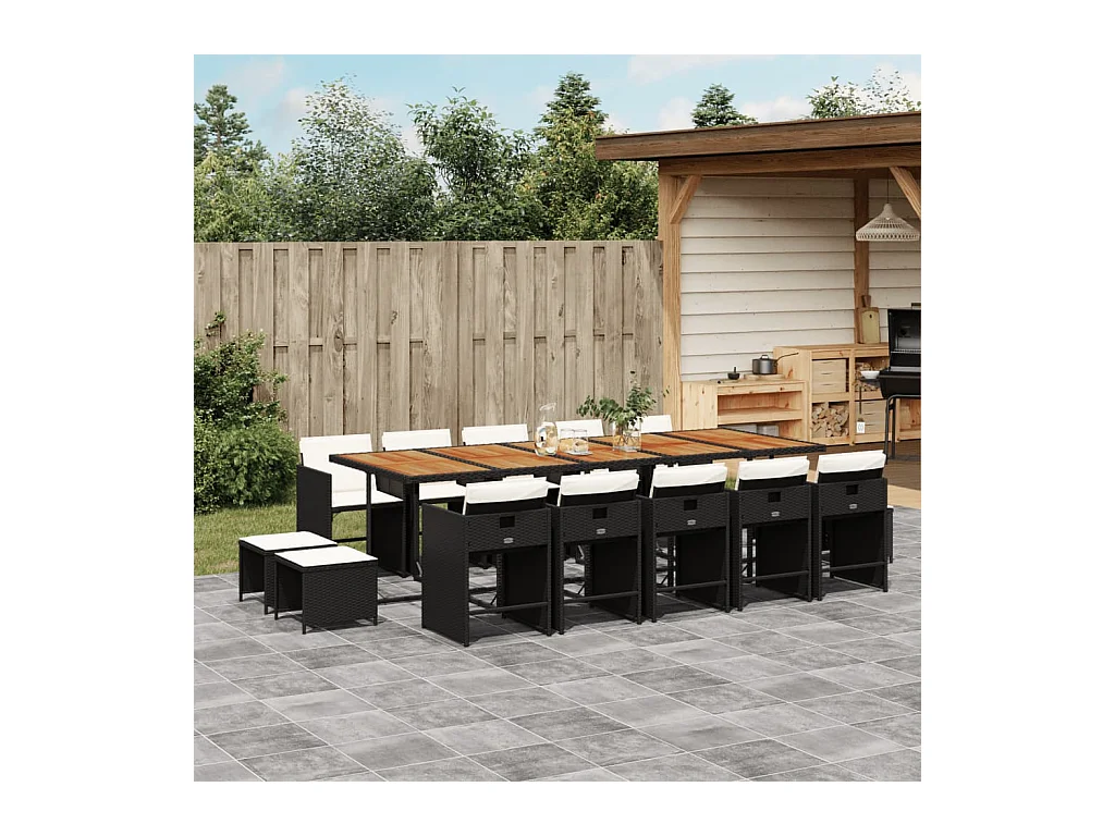 Zenn  Ensemble à manger de jardin 15 pcs coussins noir résine tressée