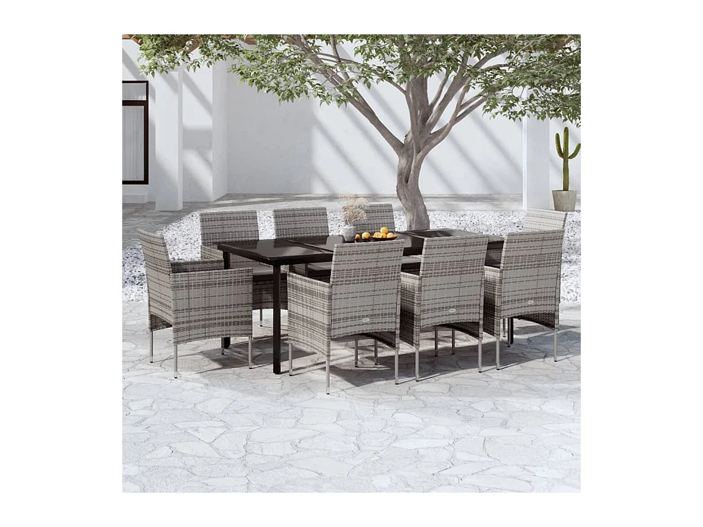 Hillsboro  Ensemble à manger de jardin et coussins 9pcs Gris/noir